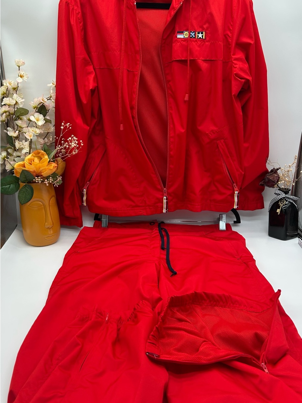 Vintage Y2K Catalina Red Mesh-Lined Zip Jacket with Striped Trim Classic